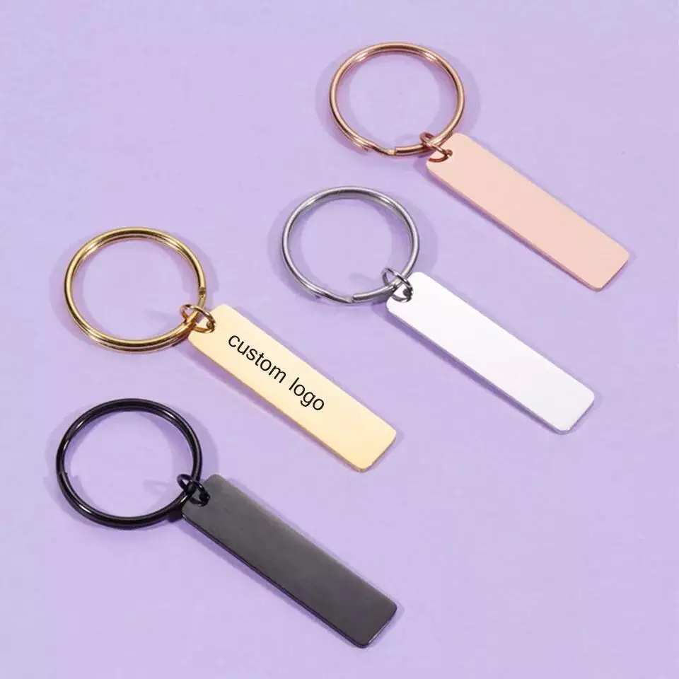 Custom Bulk Laser Engraving Highly Polished Blank Key Ring Stainless Steel Flat Vertical Rectangle Square Bar Blank Tag Pendant