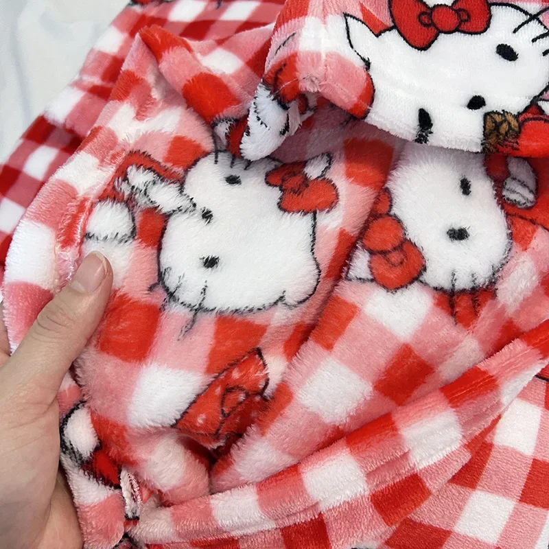 Kawaii Sanrios KT Coral Velvet Pajamas Girl Cartoon Autumn / Winter Season Warm Thickened Plush Home Clothes Set Gift