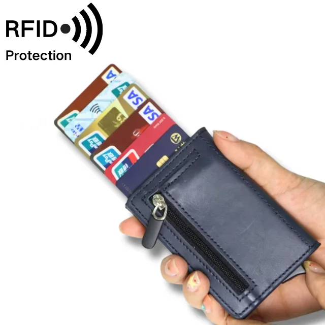 RFID Blocking Pop Up Aluminum Case Credit Cards Holder PU Leather Cards Wallet