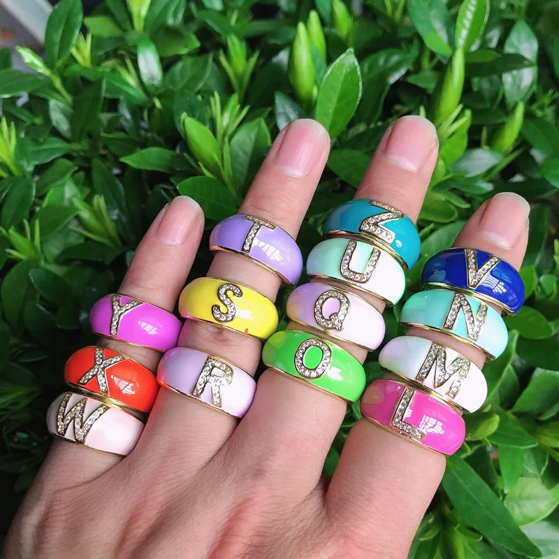 Новый A-Z буквами Новая цветная глазурь золотые эмалевые кольца инкрустированные циркон открытый цвет регулируемые кольца женские классические палец ювелирное изделие