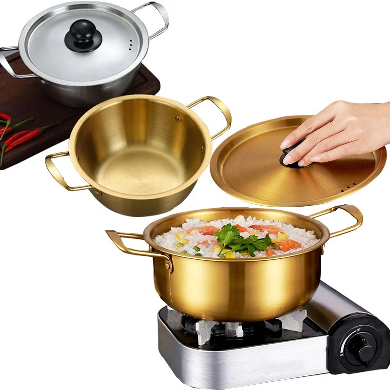 Корейская Двойная Ручка Золото Серебро мгновенная нержавеющая сталь лапша небольшой кипящий суп горшок для индукционной плиты приготовления