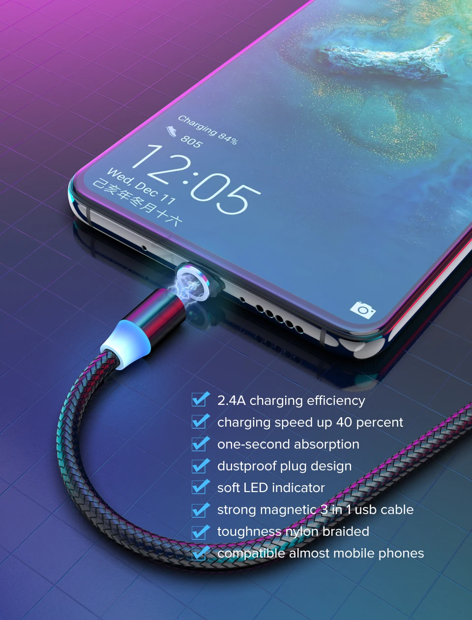  Магнитный зарядный кабель 3 в 1 светодиодный Micro USB Type C зарядное устройство для телефонов Android быстрая зарядка USB-кабель провод