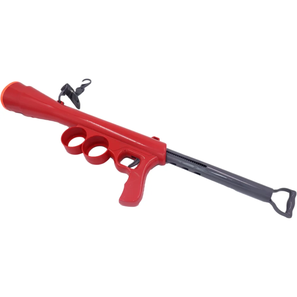 
The dog thrower uses a portable lanyard and 2 tennis balls to load and launch dog tennis balls for the dog to take 