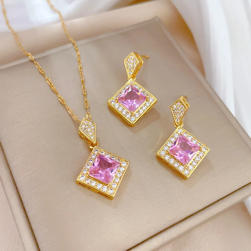 Fine Jewelry Set 18k Gold Plated Stainless Steel CZ Bowknot Pink Round Cut Zircon Pendant Necklace Earring Jewelry Gift