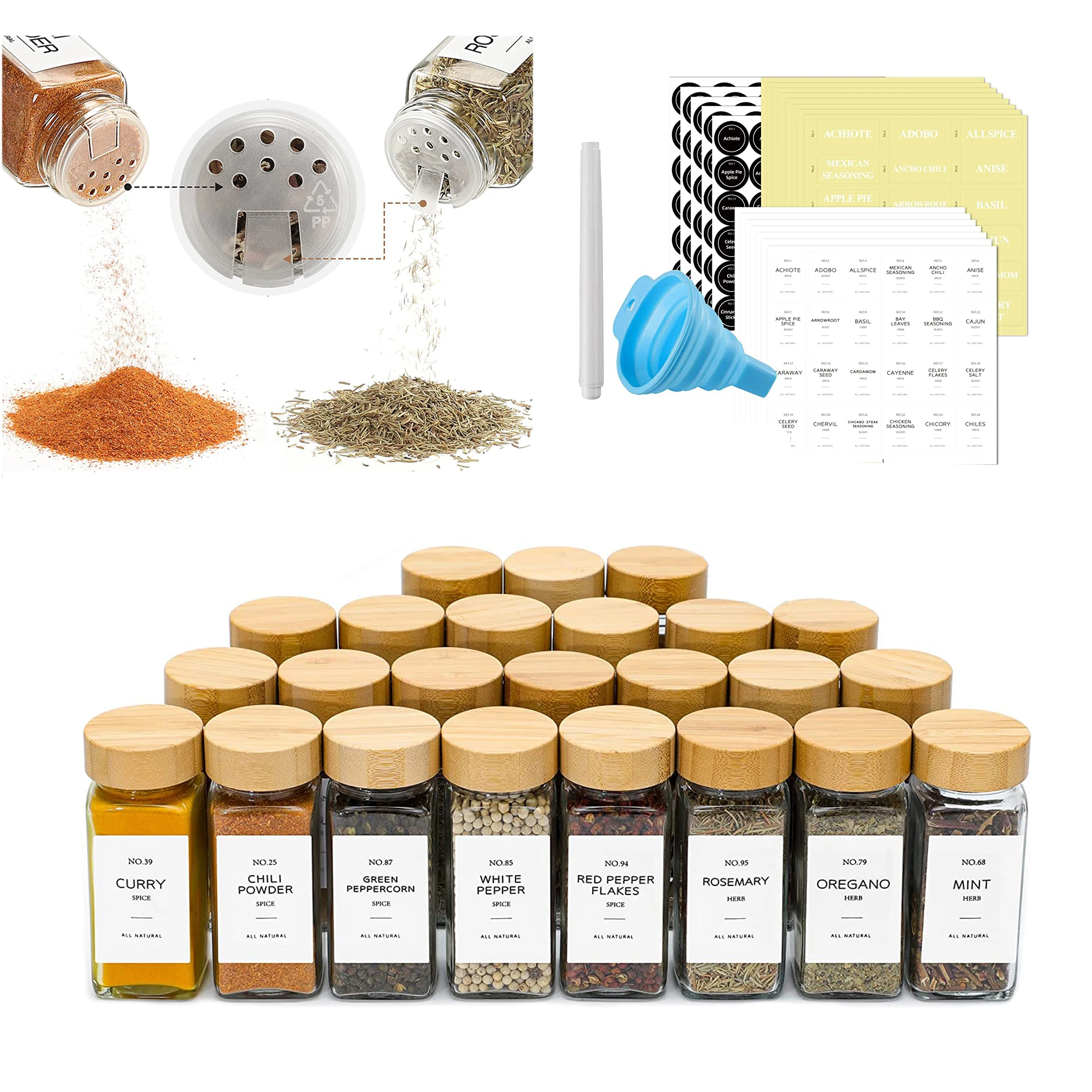 24 Pcs Spice Jars with Bamboo Lids 4 oz 120ml Square Glass Seasoning Jars Kitchen food Storage Canisters with Natural bamboo lid