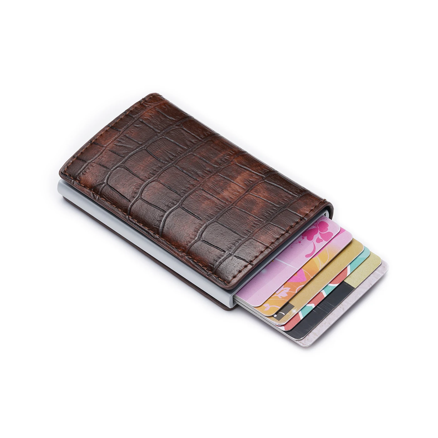 
Amazon Hot Selling Ultra Thin Crocodile Pattern Automatic Pop up Slim Aluminum Alloy Mens RFID Credit Card Holder Wallet 