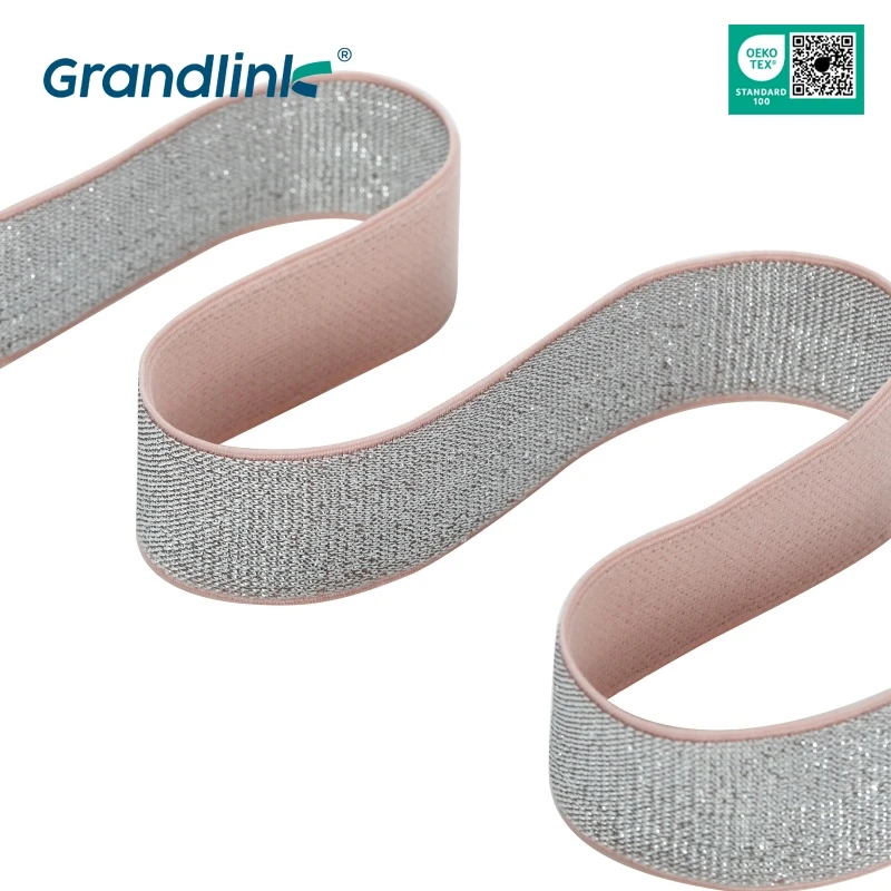 Factory Custom Logo High Tenacity Polyester Gold Silver Shiny Silk Elastic Webbing Fabric Rubber Band Luxury Webbing for garment