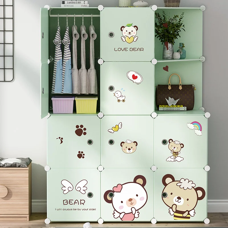 Folding Plastic Cheap Children Wardrobe Baby 12 Cubes with Lovely Stickers Factory Sale PP Portable Plastic Kids Closet Wardrobe