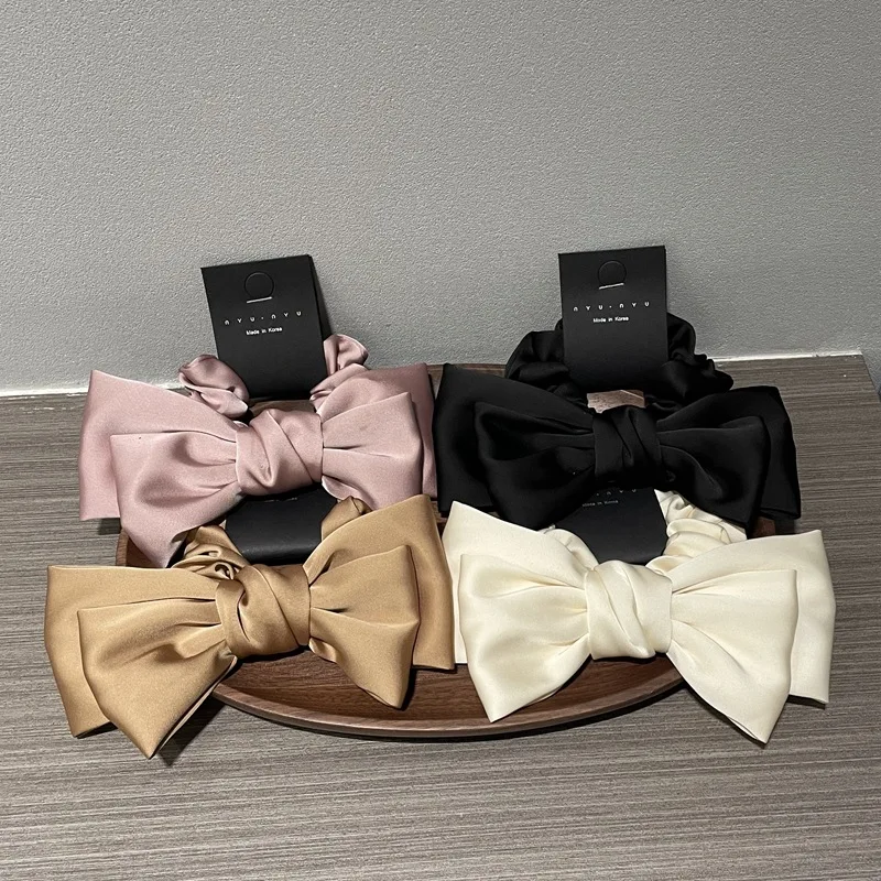 High-end Solid Color Double Layer Satin Bow Hair Scrunchies Elastic Ponytail Hair Band Bowknot Pretty Women Hair Ties