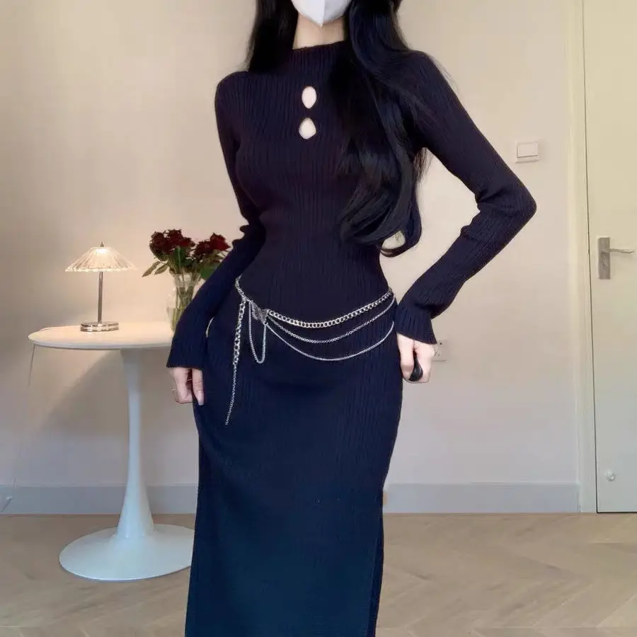 2024 Autumn/Winter hot temperament fashion simple semi-high neck slim sexy hollow casual party commuter knit dress