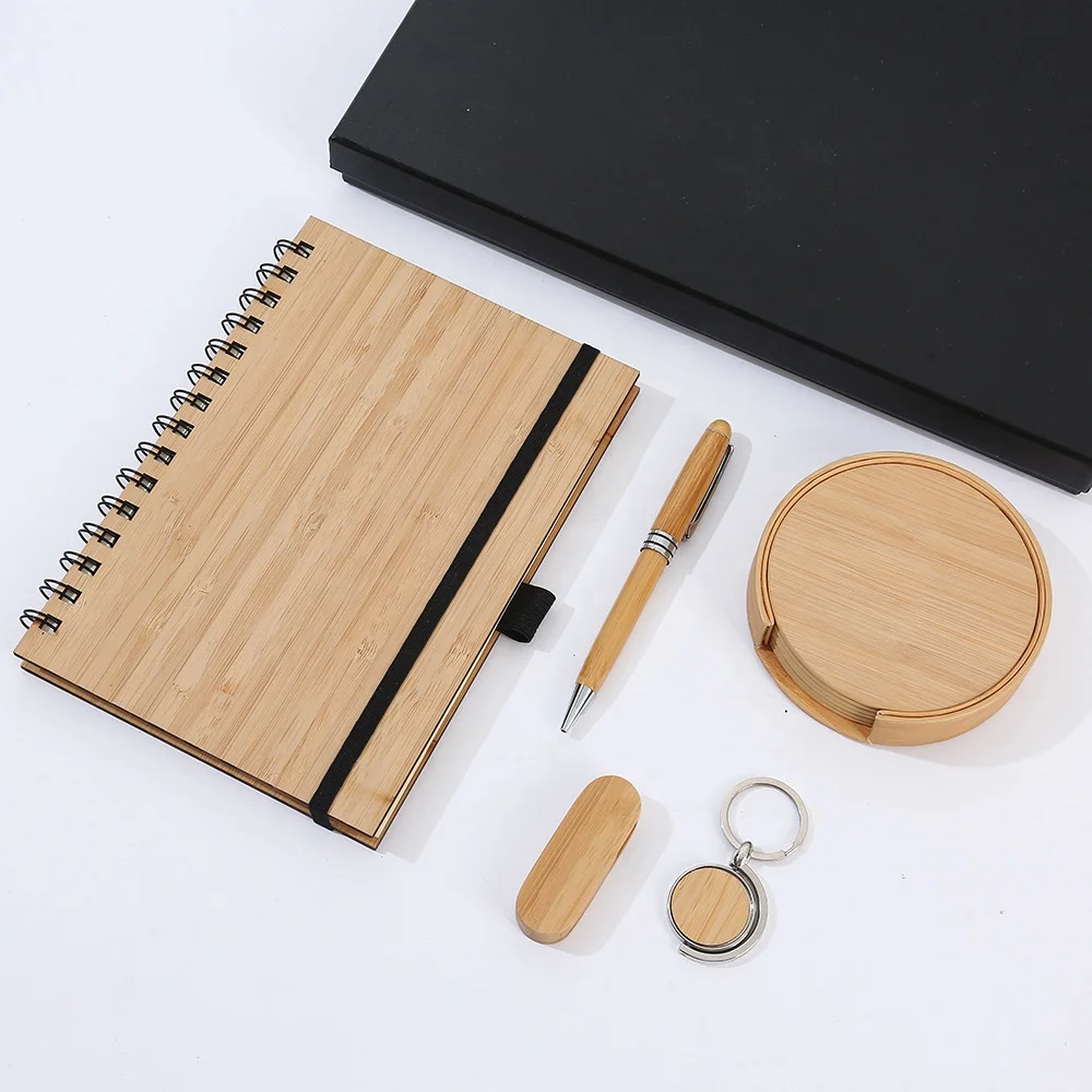 Eco Friendly Corporate Bamboo Gift Box Luxury Set A5 Notebook Pen USB Card holder Key Chain Flask Custom Logo Business Gift Set