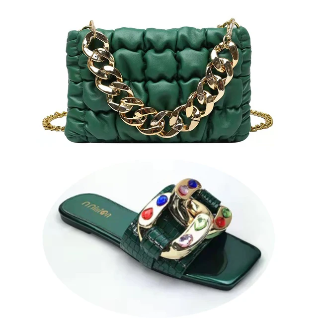SD-2022 Luxury Glitter diamond beaded Metal buckle open toe leather slipper with shoulder bag set lady purse sandals outfits