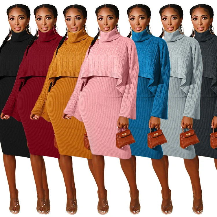 P6273-fashion turtleneck long sleeve knit sweater dress set 2 piece fall sets woman sweater suit