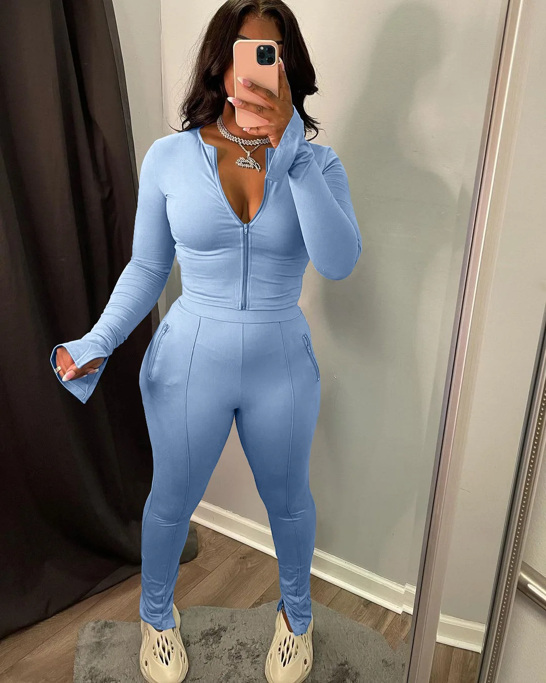 Fall Winter 2022 Women Clothes Solid Zip Split Two Piece Sports Suit Sexy 2 Piece Set Women Custom Logo Women Pants Set