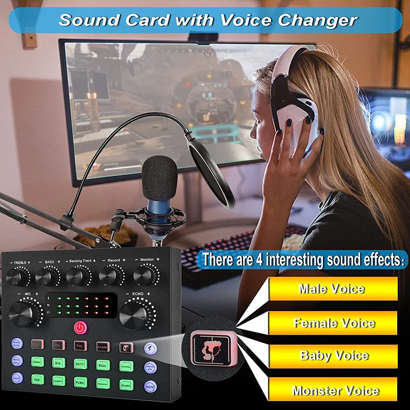 V8s Live Sound Card With Multiple Sound Effects And Voice Changer One Button Operation Audio Mixer For Gaming Living Singing