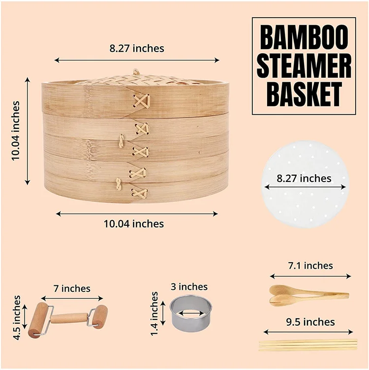 Bambus Pot Reusable Momo Kitchen 2 Tiers Package Tasty Bao Buns Commercial Dumpling Bamboo Steamer Set With Cotton Liners