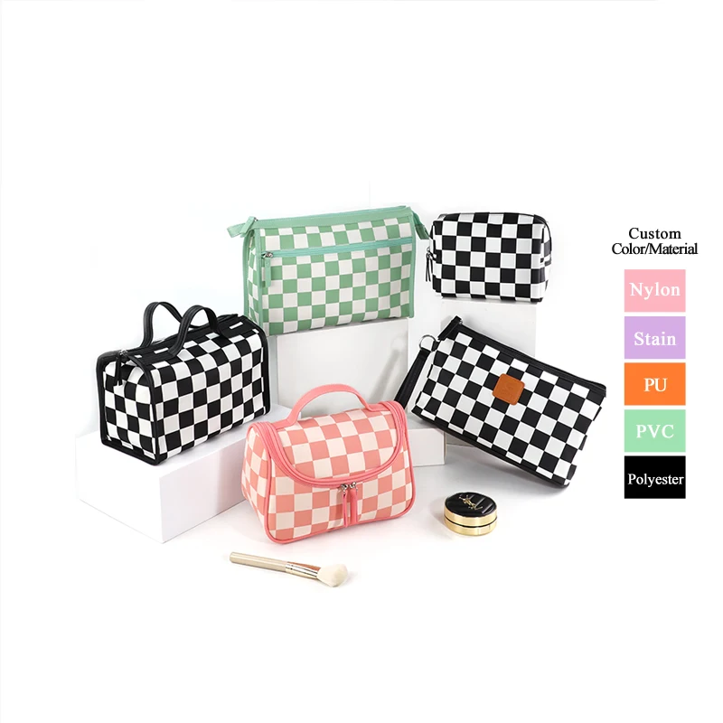 Custom Checkered print Travel Ladies Large Cosmetic organize High Quality Waterproof Nylon Makeup Bag