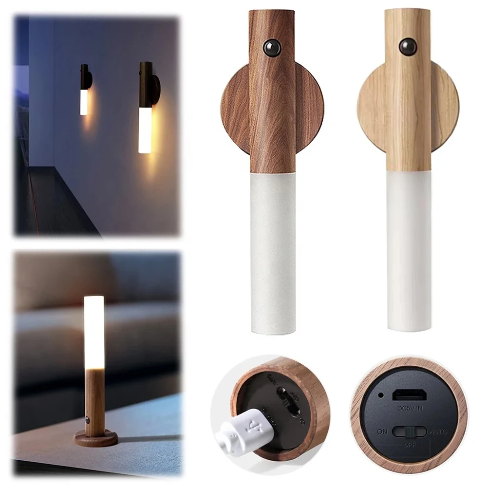 Inductive Portable Wireless Magnetic Smart Indoor Wall Staircase Lamp USB Rechargeable Wood Led Motion Sensor Night Light