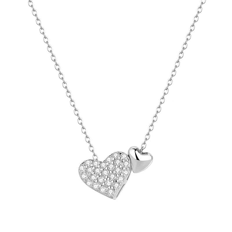 Fashion Women Necklace Fine Jewelry 925 Sterling Silver Pave Zircon Double Love Heart Pendant Necklace