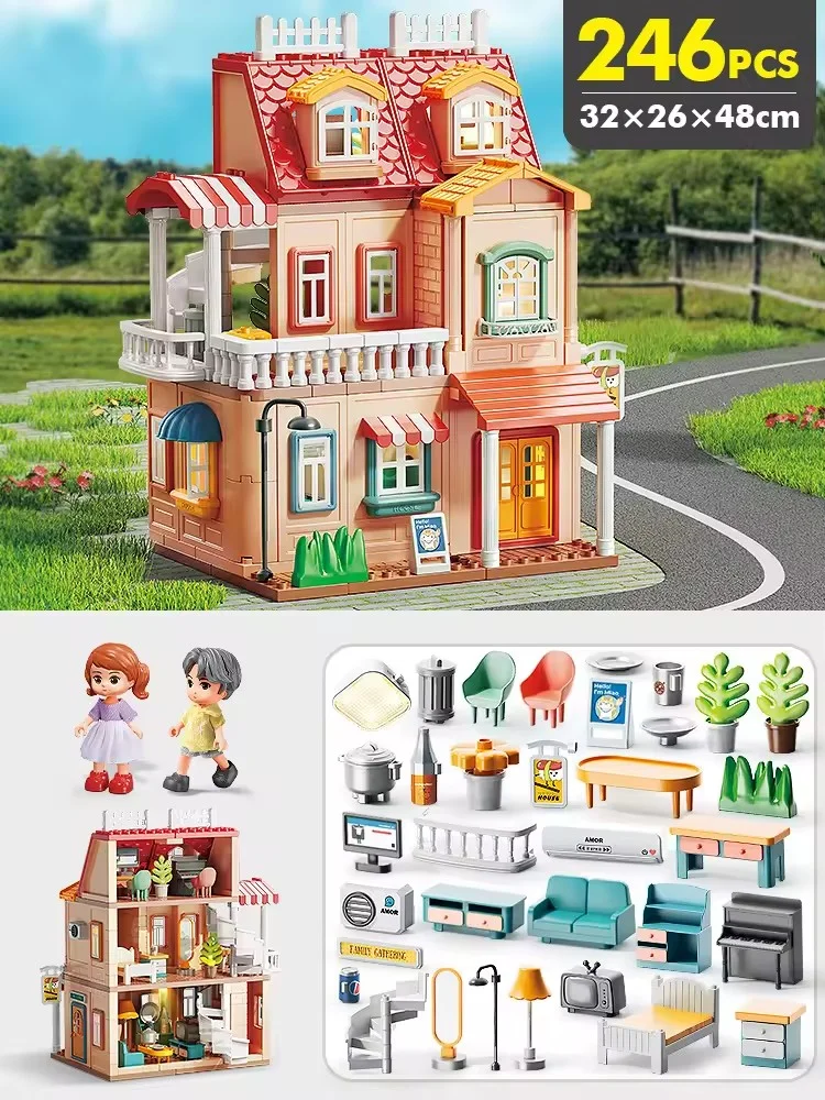 new style children dollhouse house building blocks toys sound and light big villa building blocks princess castle toys set