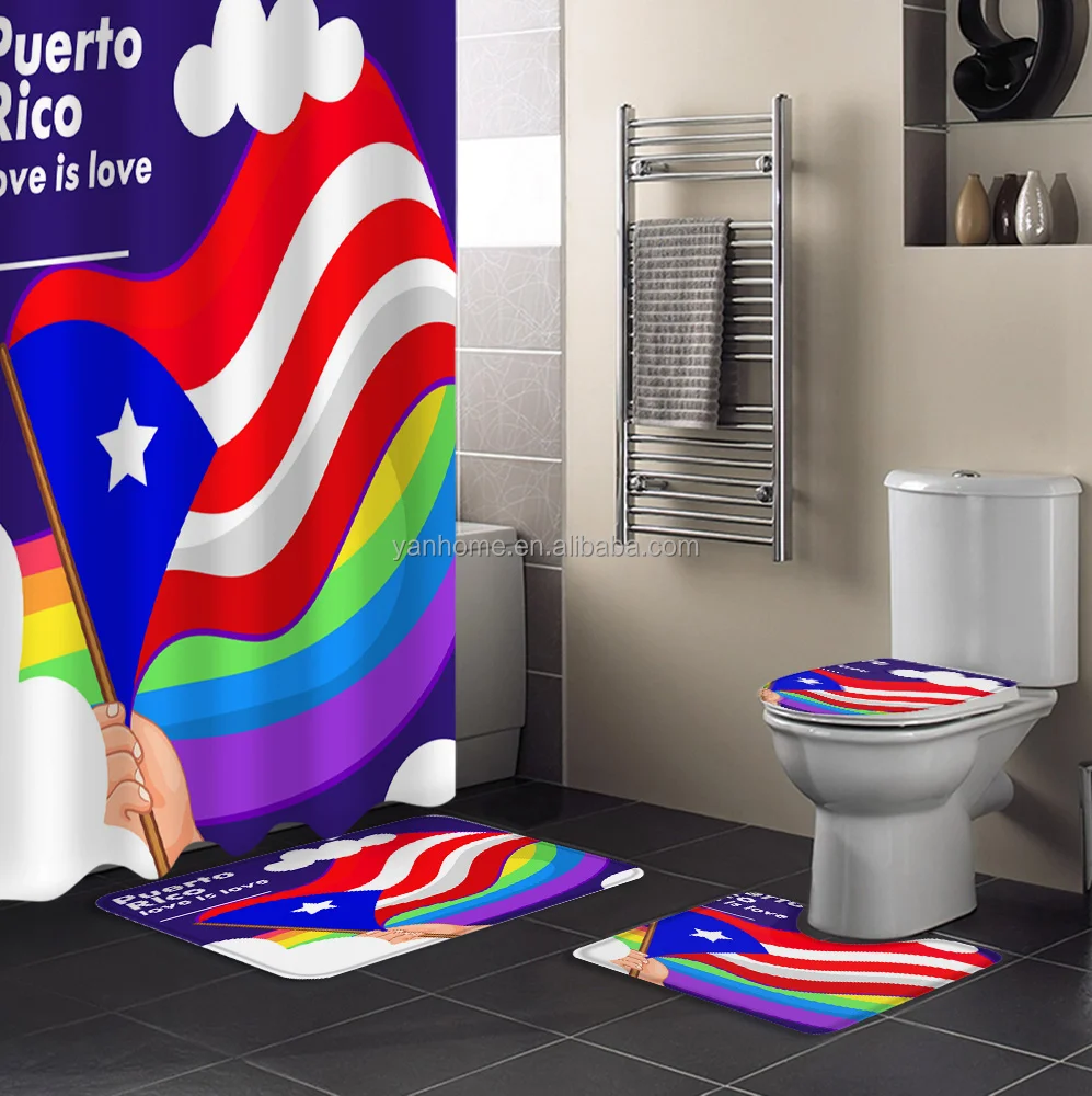 New Designer Custom Puerto Rico Flag Printed Shower Curtain Set Love is Love 3D Unisex Bathroom Shower Curtain Sets with Rugs