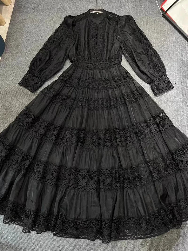 New 2023 Autumn Long Dress High Quality Women Crochet Lace Embroidery Patchwork Long Sleeve Black Blue Green Maxi Dress Tunic