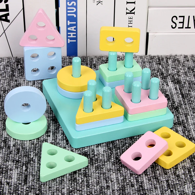 Colorful Geometric Shape Sort Stacking Blocks Montessori Educational Wooden Toy For Preschool Kids Montessori Toys