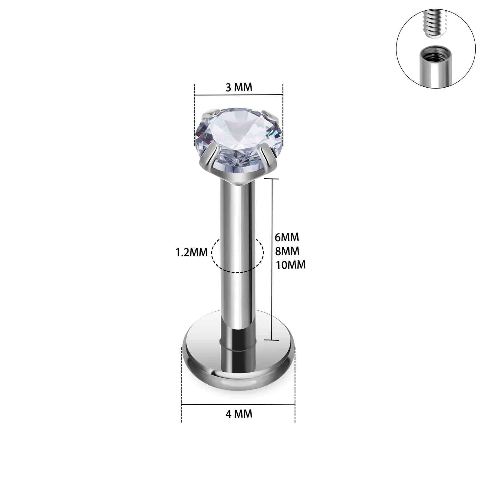 Wholesale G23 Titanium Piercing Stud Earrings 2-4mm Zircon Labret Internal Thread 16G Lip Nail Ear Tragus Body Piercing Jewelry
