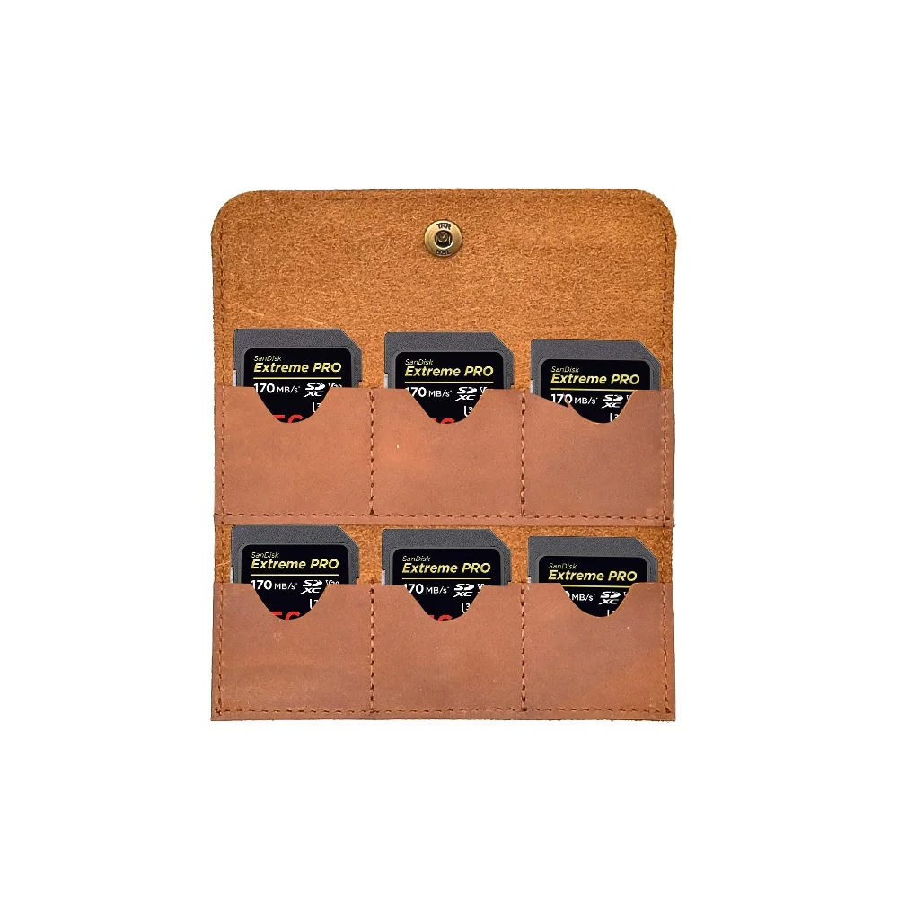 Custom Luxury Camera Accessories Brown Genuine Leather 6 Memory SD Cards Holder Wallet for Photography