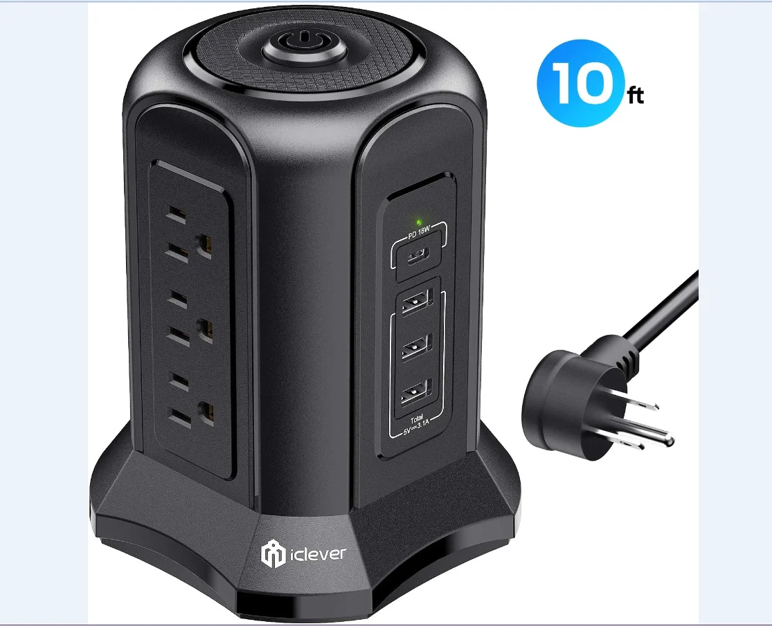 iClever Power Strip Tower Surge Protector 9 AC Outlets 15.5W 3 USB-A Port 18W PD 1 Type C USB-C Charging Port