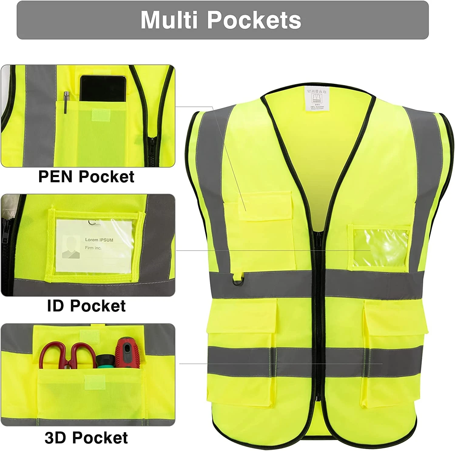 High Visibility Reflective Tricot Fabric Yellow Safety Jackets, High Visibility Reflective Single OPP Bag  Safety Vest