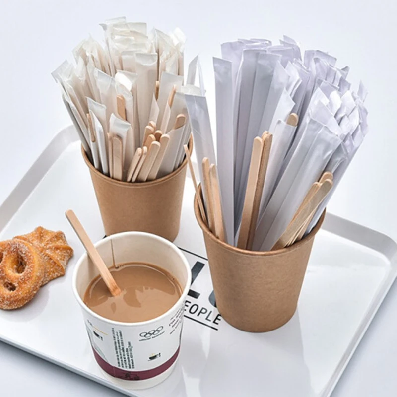 Disposable Wood Coffee Stir Sticks Stirrers Individually Paper Wrapped Coffee Tea Beverage Stirrers Stirrings