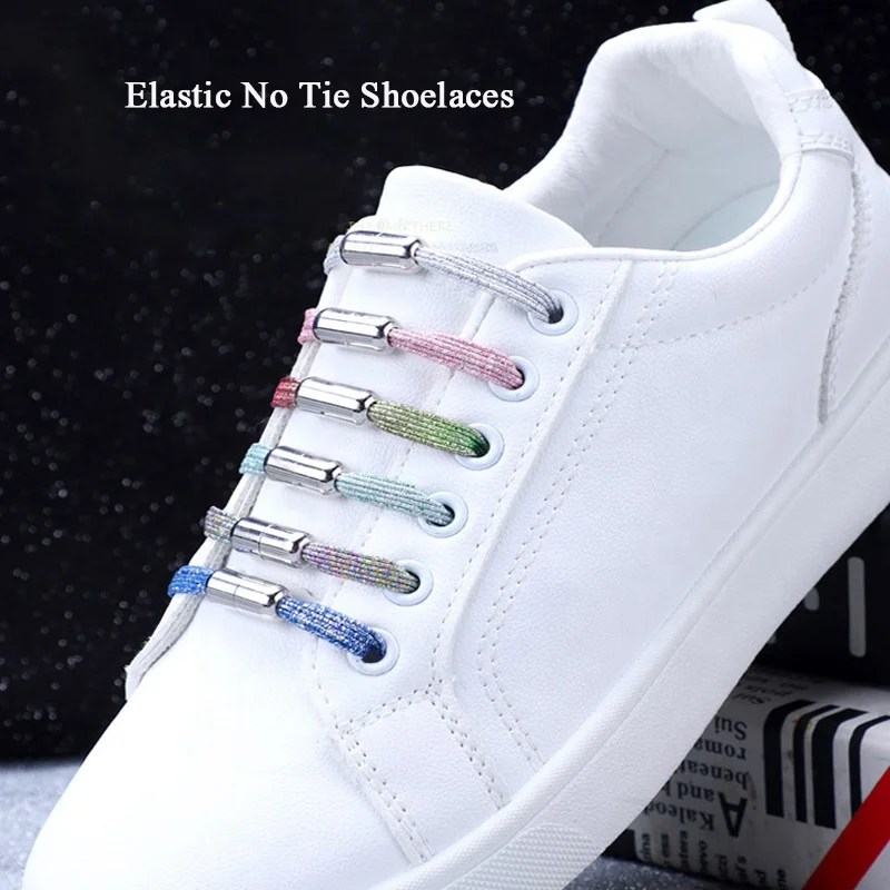 Wholesale custom hot selling colorful flat stretch elastic lazy no tie metal capsule shoelace easy shoe lace