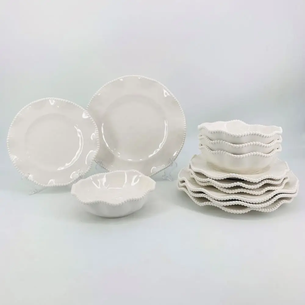 
Hot sale Cheap 12 pcs set dinnerware embossed beaded plate and bowl set white melamine dinner table sets 
