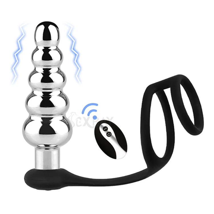 Sexbay High quality ten frequency vibrating metal five head silicone lock ring vibrating remote metal anal plug men women
