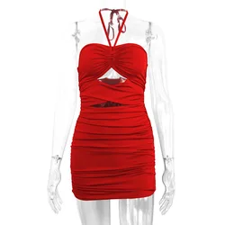 2022 trendy halter backless adjustable chest hollow out pleated bodycon mini dress sexy style for ladies to party or club