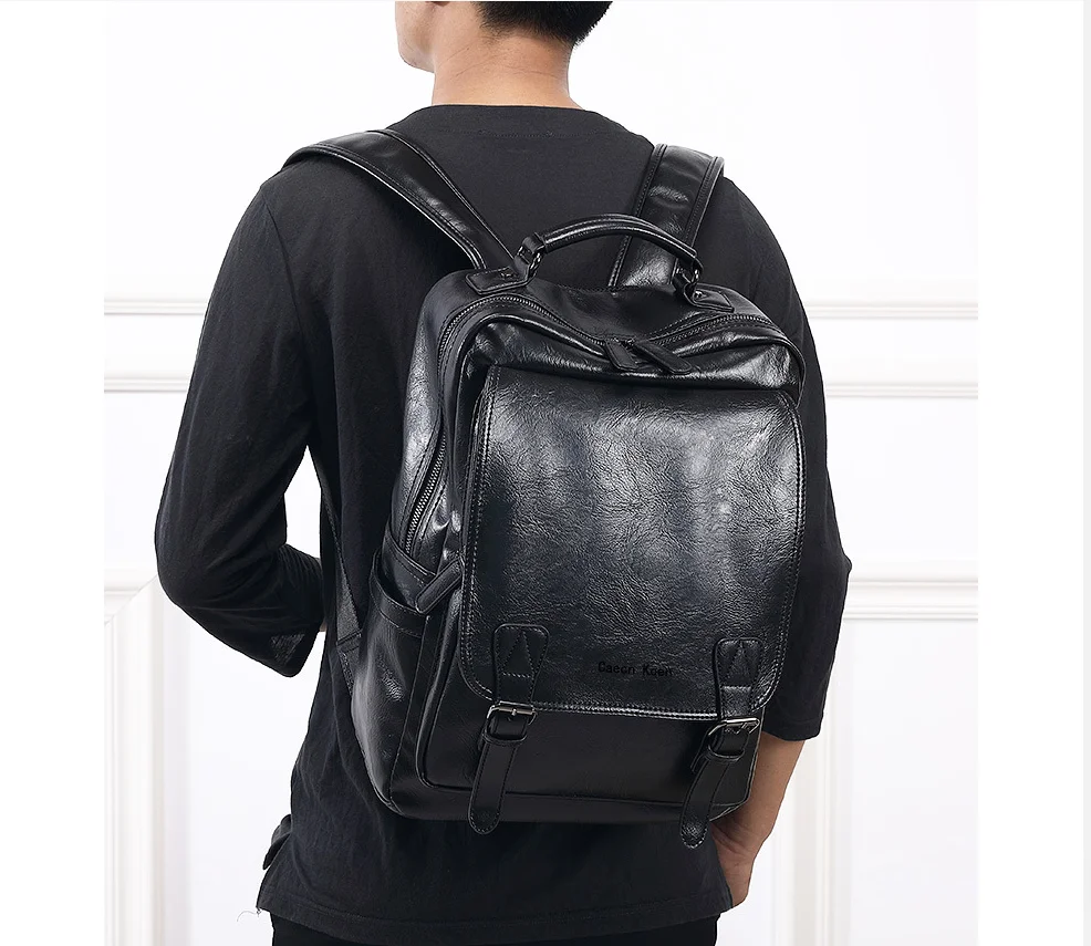 PU Leather Travel Men Backpack Casual Business Leather Backpack Computer Schoolbag Trend Large Capacity Student Male AY Black