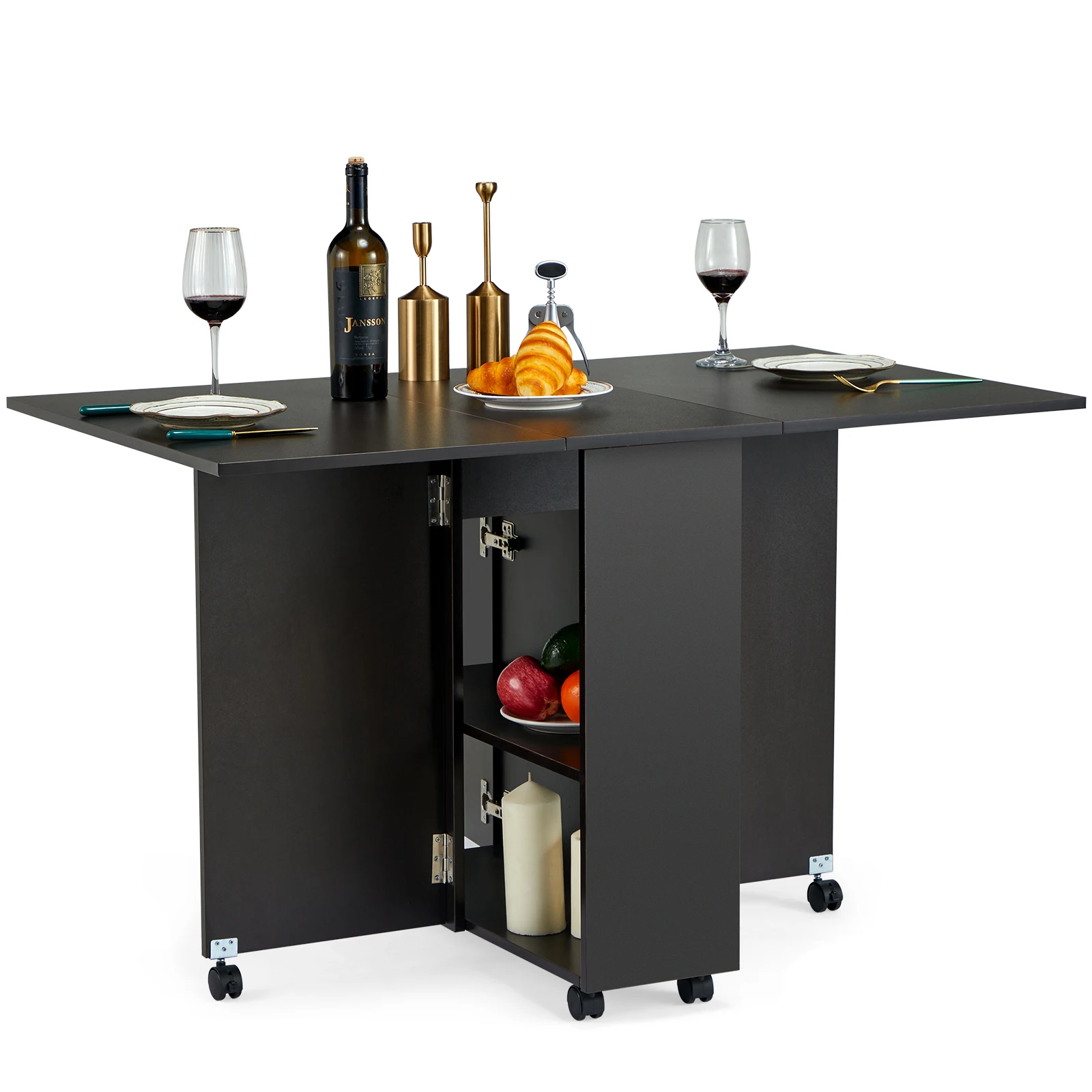 Folding Dining Table with 6 Wheels Drawer and 2-Layer Storage Shelf Drop Leaf Table for Small Space Space Saving Dining Table