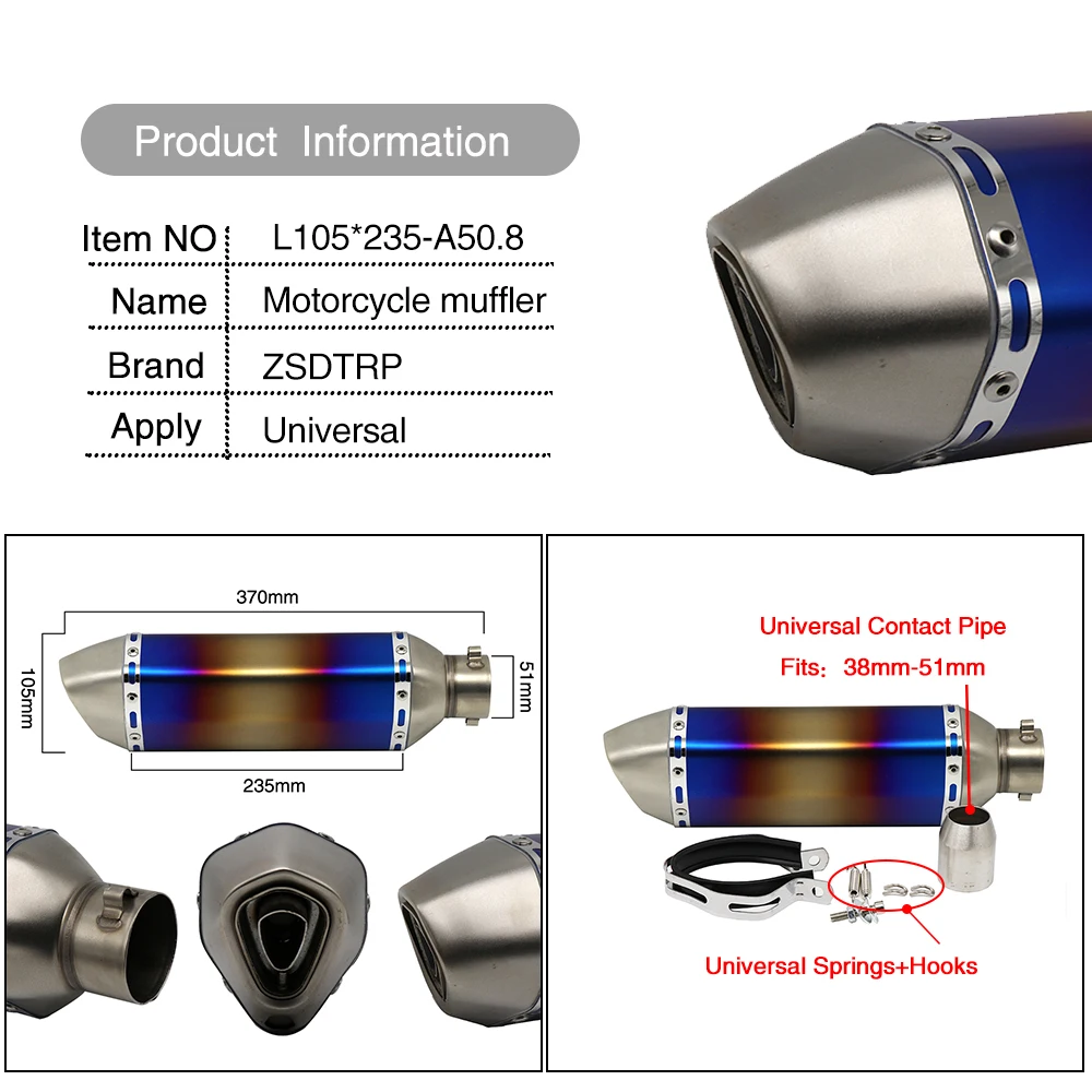 51mm universal motorcycle muffler silencer motocross dirt bike muffler exuast 250cc