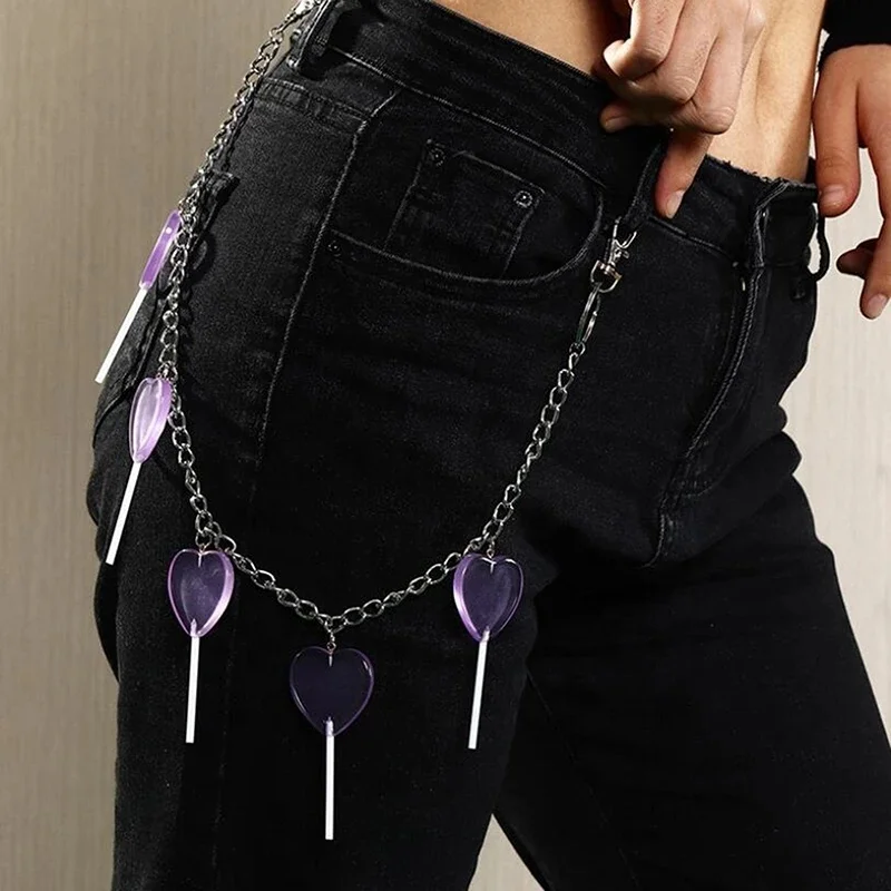  New Harajuku Transparent Purple Heart Lollipop Metal Key Chain For Women Punk Jeans Waist Pant Keychains Accessories