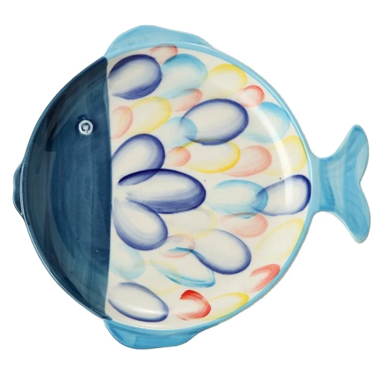 Microwave Safe Eco Friendly Handmade Ceramic Kids party plates set cute 3D Fish Shaped Plates