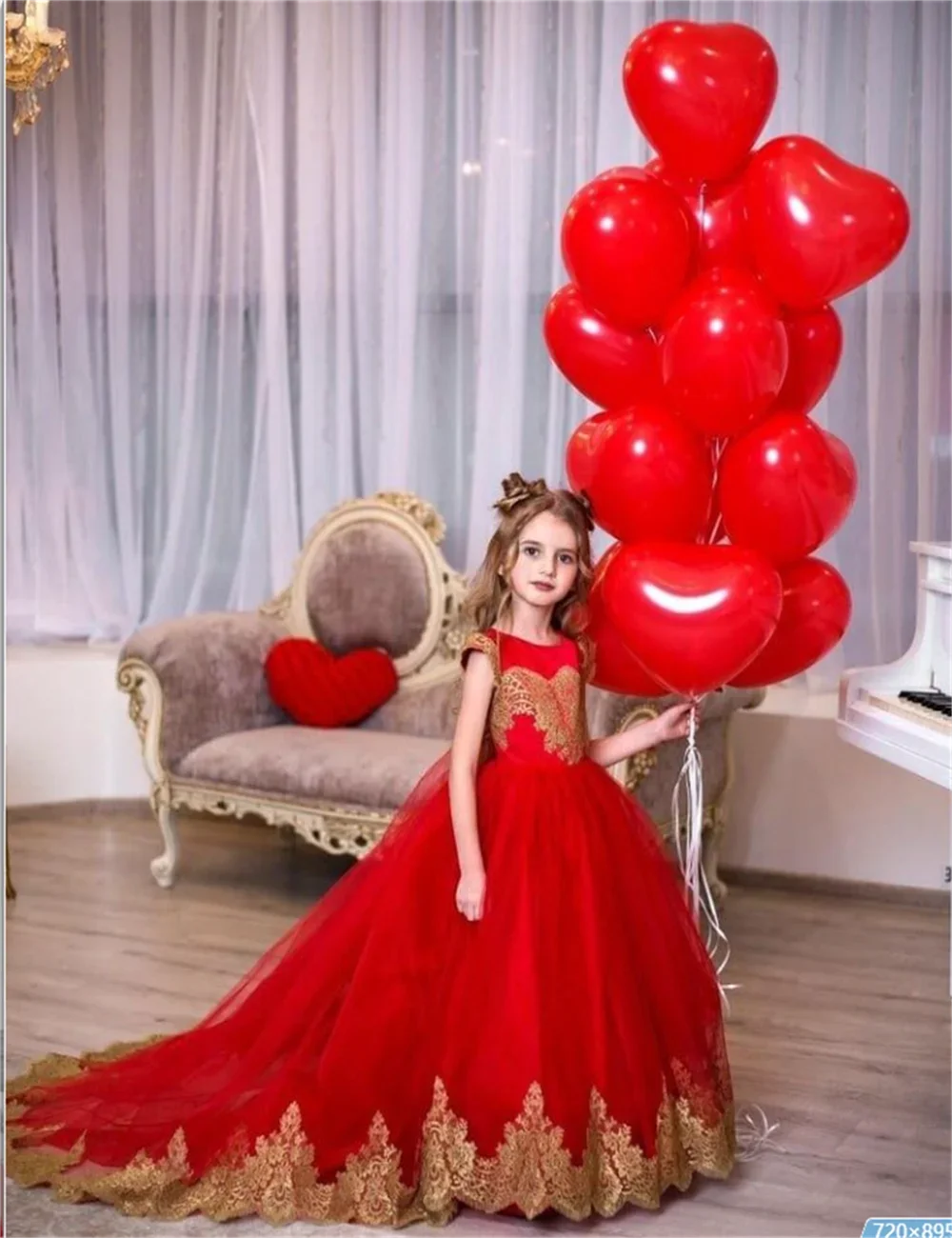 New Ball Golden Lace Tulle Red Flower Girl Dresses Long Train Wedding Customized Homecoming Guest Dress for Communion Birthday