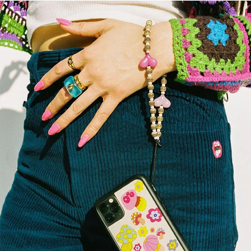 Fashionable  Colorful Acrylic Beaded Mobile Phone Charm Strap Heart Shape  Phone Chain