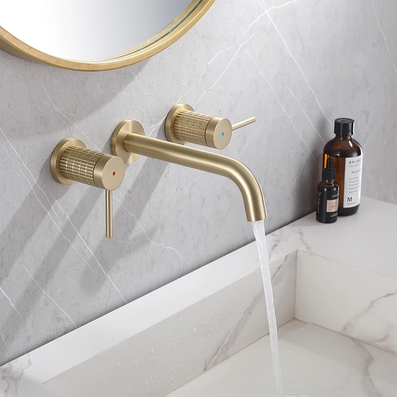 Luxury Bathroom Sink Faucet 3 Holes Brass Brushed Gold Vanity Faucet Knurled Wall Mounted Basin Mixer Faucet