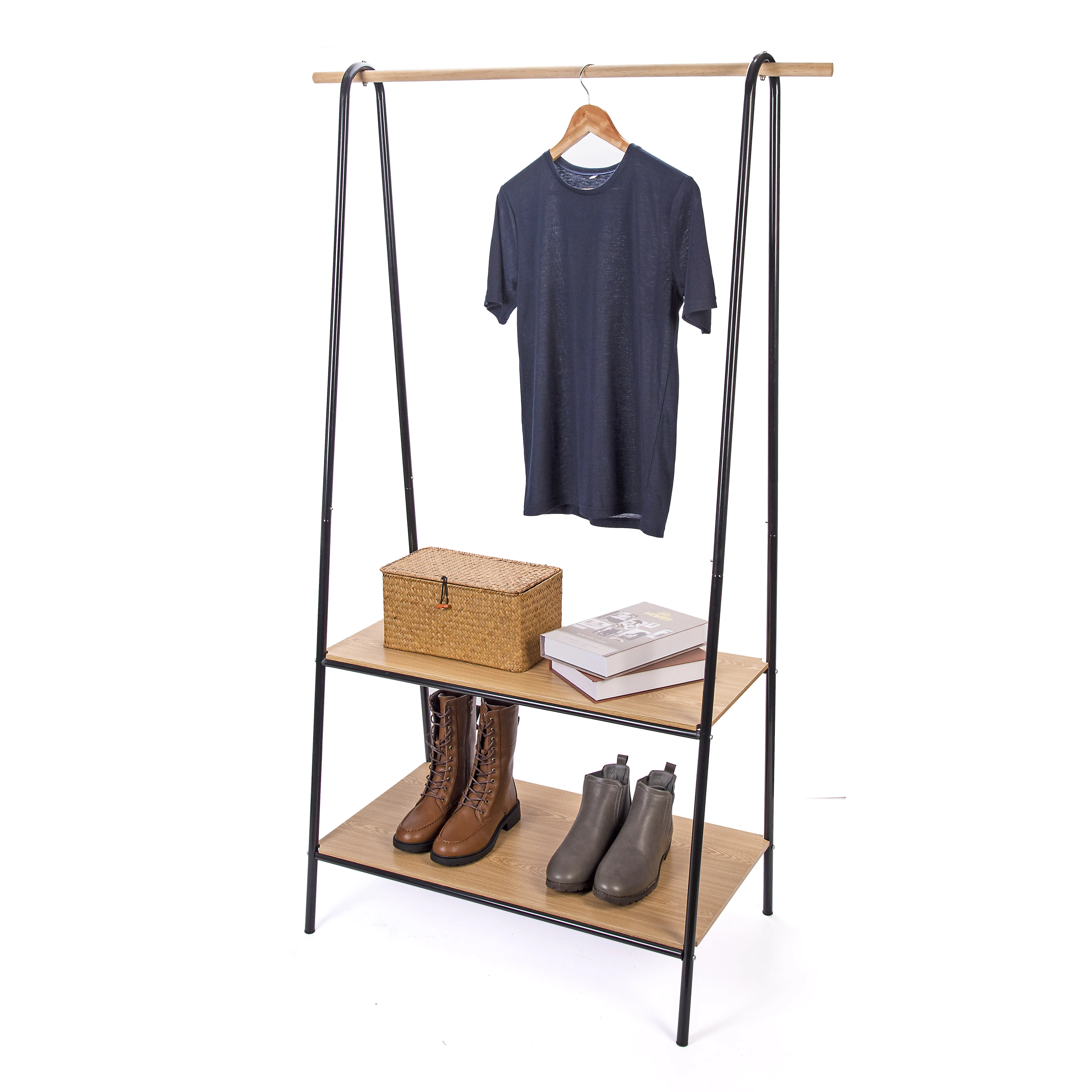 2 Layer Standing Coat Rack Metal Stand Living Room Entryway Metal Wood Coat Stand Shoe Rack