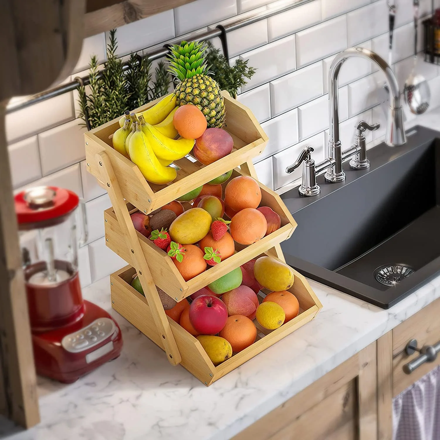 3-Tier Fruit Bowl Bamboo Fruit Basket for Kitchen Bamboo Kitchen Organization