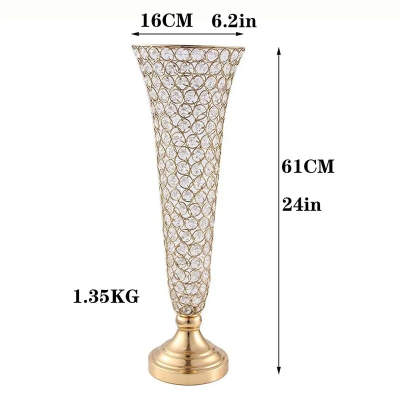 2024 Wedding Decor Gold Center Piece Table Big Floor Metal Wire Luxury Crystal Trumpet Floral Vase