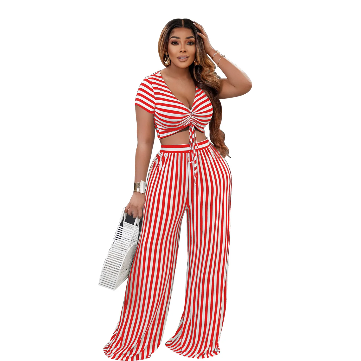 Striped Print V-Neck Loose Short Sleeve Cropped Top and Wide Leg Pants Two Piece