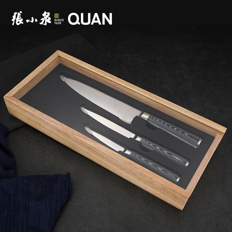 Luxury G10 Handle Japanese 3 PCS Damascus Knife Set with Sliding Wood Box