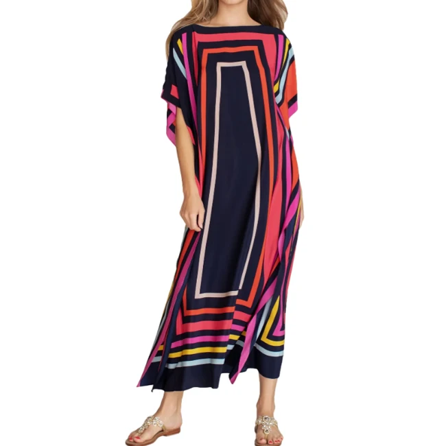 Custom Dubai Pakistan India Summer Women O-neck Half Flare Sleeve Print Satin Kaftan Maxi Dress